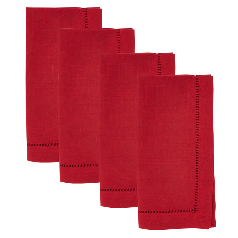 Red Classic Hemstitched Cocktail Cloth Napkins, Set Of 4, 20" Square