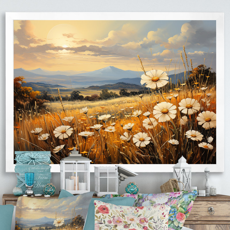 Magnifique champ de fleurs chaudes sur toile, Cadre simple blanc, H 12 po x l 20 po x P 1 po