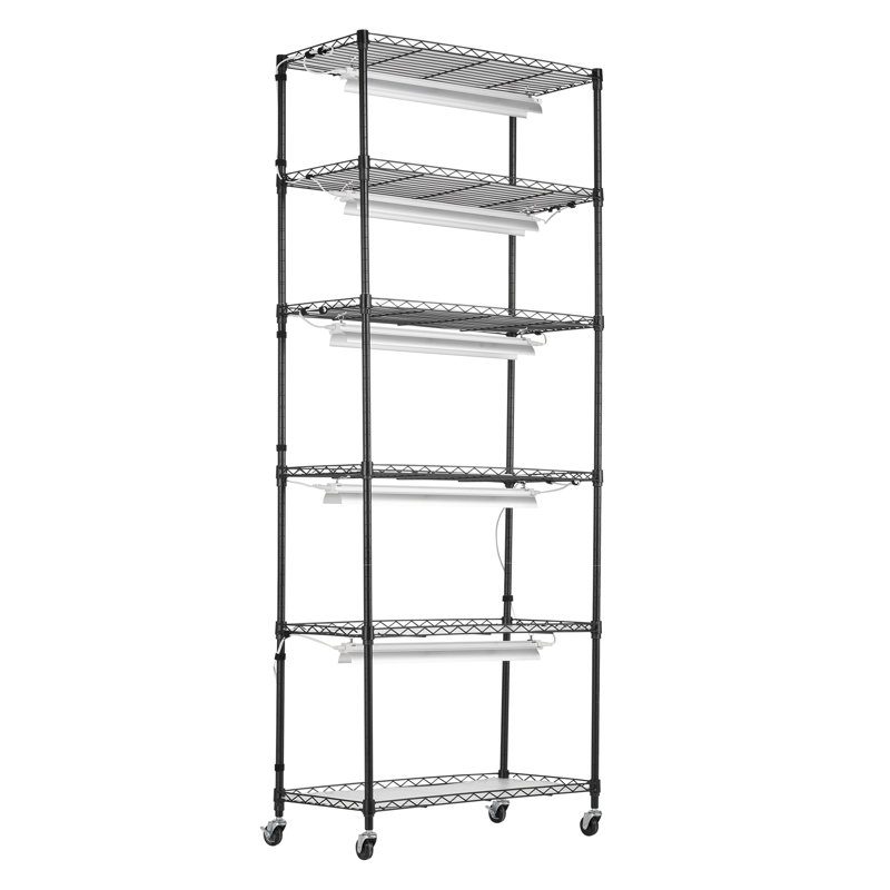 Support à plantes surélevé à 6 niveaux avec lumière de croissance, support de jardin à DEL à spectre complet 150W sur roues avec minuterie pour le démarrage des graines