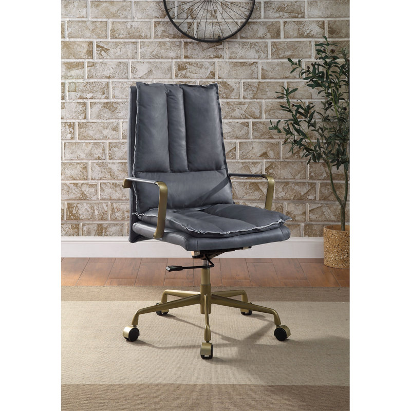 Chaise de bureau en cuir gris pivotant à 360 degrés, hauteur de siège réglable, roulettes, base à 5, coussin rare et dossier merveilleux