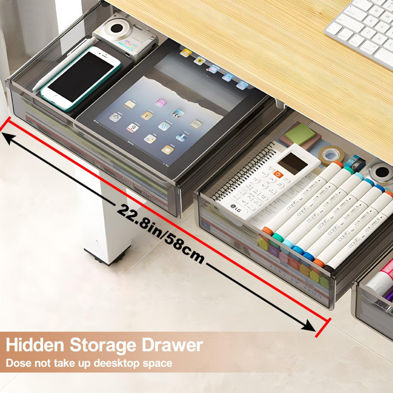 Under Desk Table Drawer Storage Organizer,2 Pack Large, Medium Slide Out Desk Drawers, Hidden Desktop Organizer,Clear Black