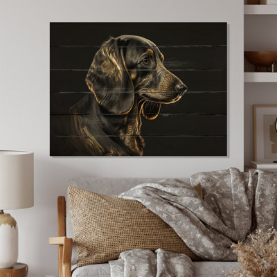 Portrait d'un teckel glam noir VI - impression sur bois sans cadre