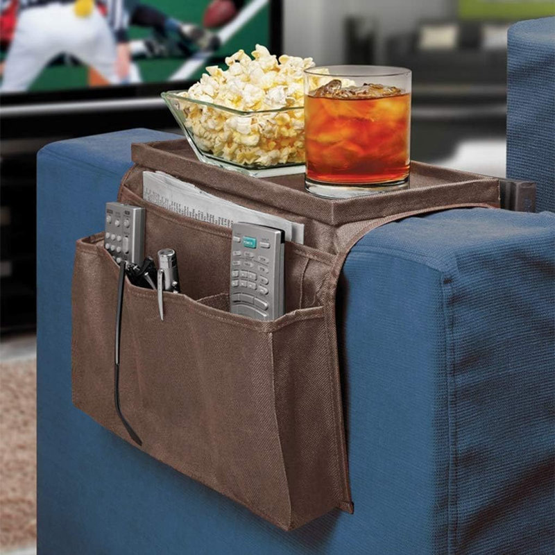Canapé Organisateur d'accoudoirs avec porte-gobelet, plateau, chaise, accoudoir, télé, support pour fauteuil inclinable, fauteuil, rangement, poches de rangement, sac pour téléphone portable, tablette, livres, magazines