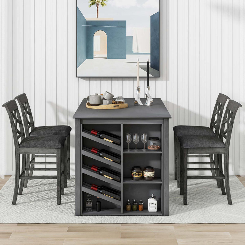 Table de salle à manger à hauteur de comptoir 5 pièces avec support à vin courbé et 4 chaises, Gris, Gris