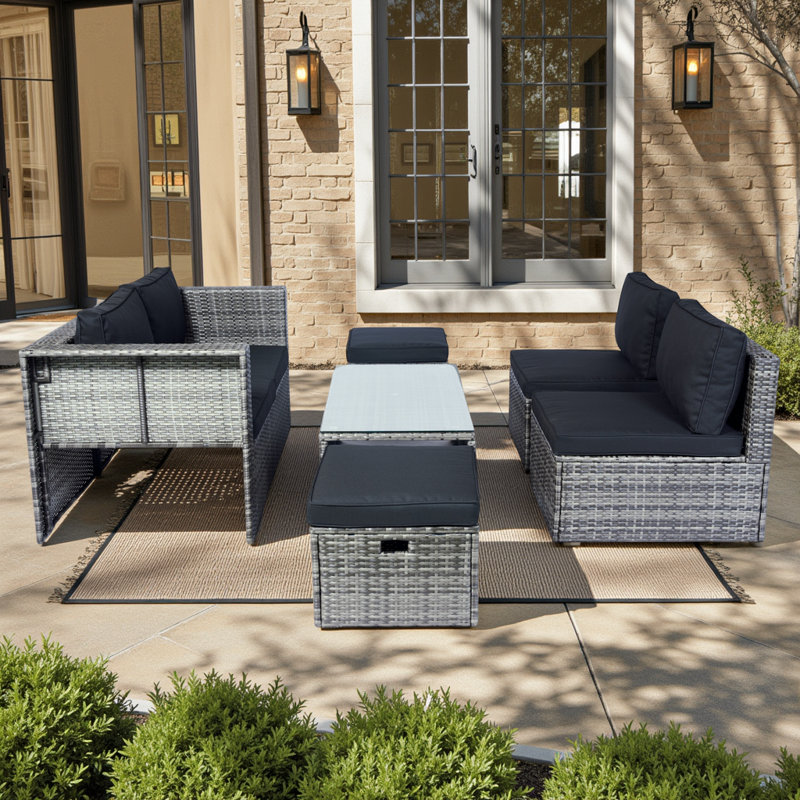 6-Piece Nesting Patio Set with Space-Saving Design, Steel Frame & Tempered Glass Table, Seating for 6