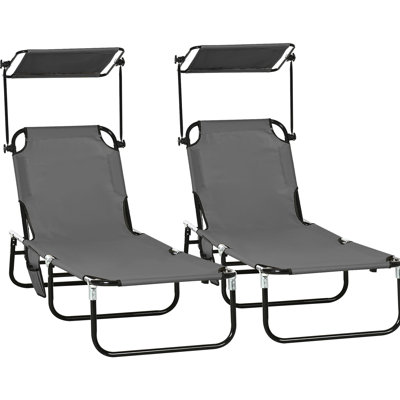 Reclining Poolside Chair, Dark Gray - Foldable With Canopy For Beach, Yard, Patio Sunbathing Yard Sun Tanning Chairs And Adjustable Back