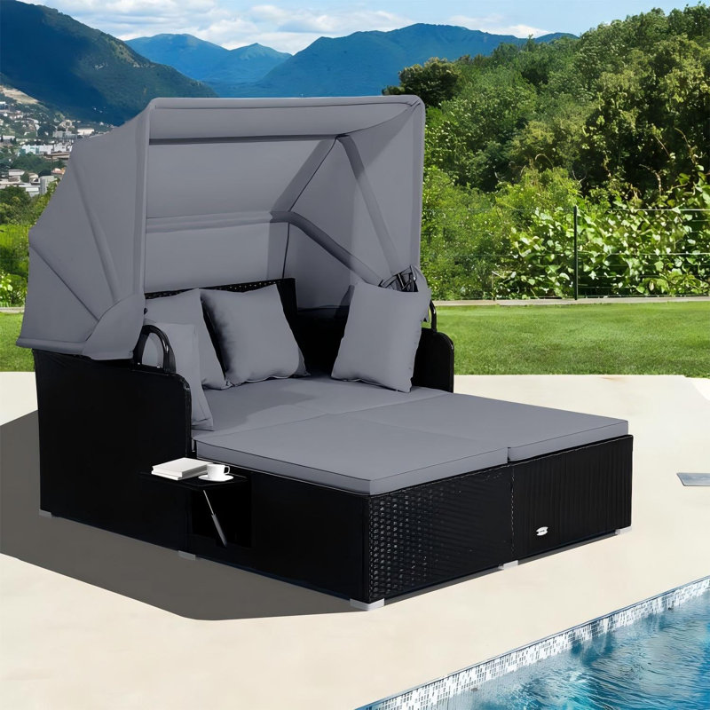 60.5 In. L X 65 In W PE Rattan Patio Daybed With Cushions Retractable Canopy, Gray