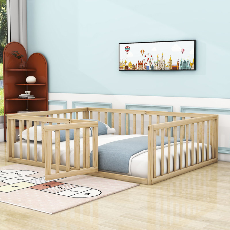 Gurdas Wood Daybed Frame with Fence and Door, Full, Natural
