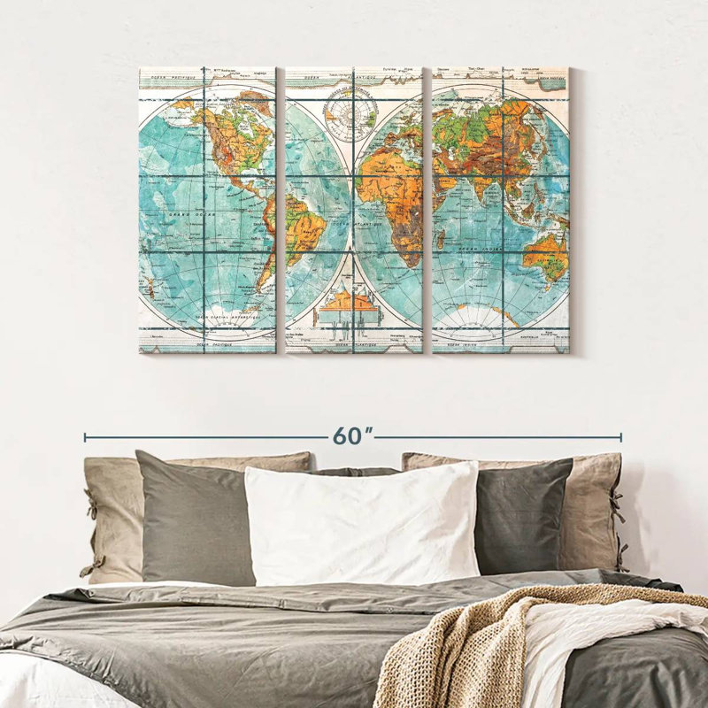 «Globe World Map», ensemble de 3 reproductions sur toile par Tess P, H 32 po x l 50 po x P 1,25 po