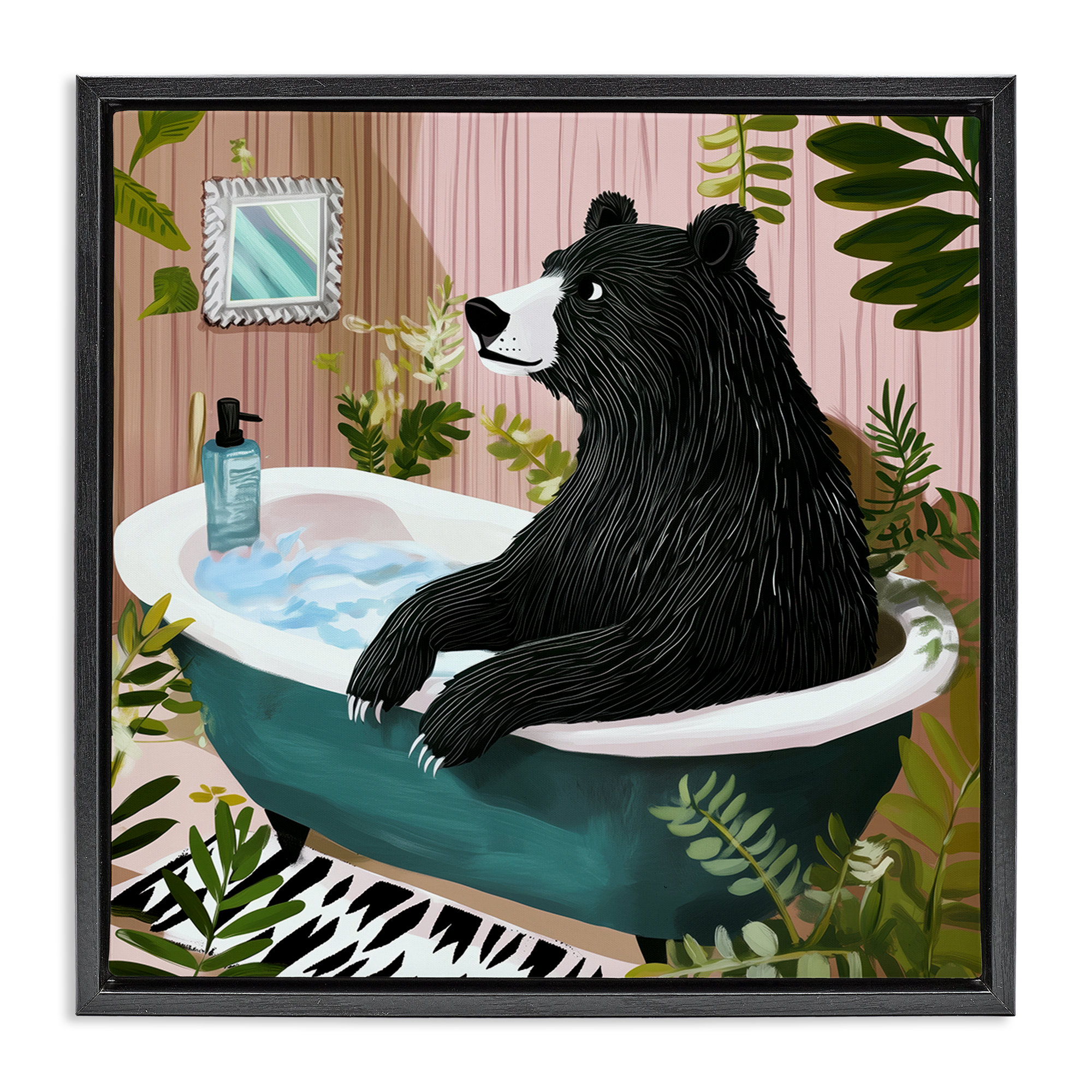 Trinx Bear in Plant Filled Bath Black Framed Floater Canvas Wall Art ...