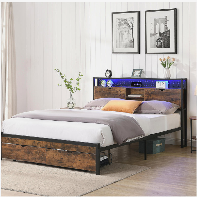 Base de lit plateforme pleine grandeur en métal avec tête de lit en bois et pied de lit USB, station de charge, 2 tiroirs, rangement, lumières DEL, aucun sommier requis, assemblage facile