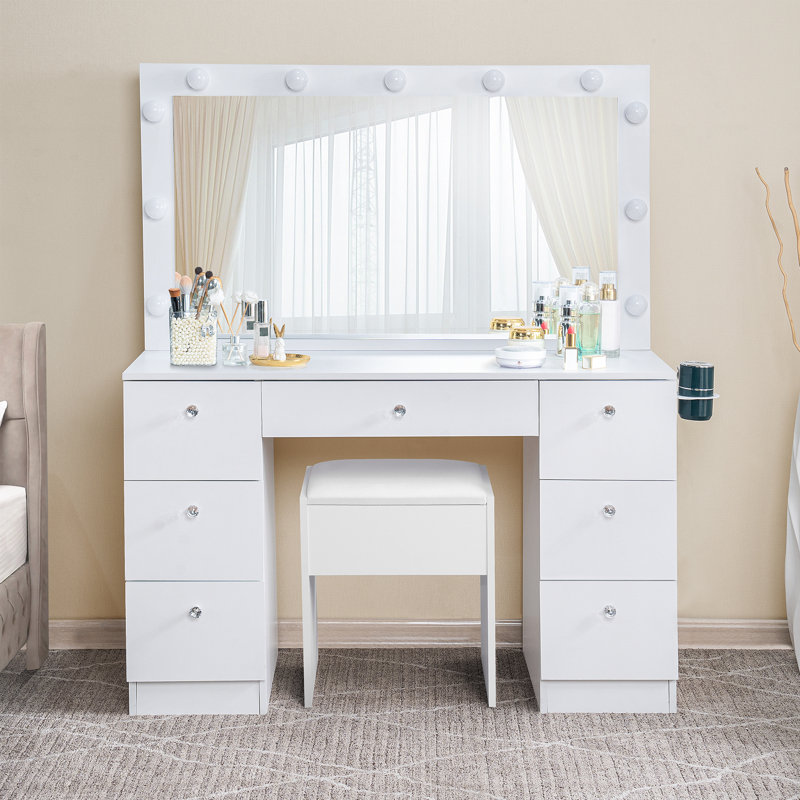 Bureau de coiffeuse avec miroir lumineux, 7 tiroirs, prise de courant, ports USB et tabouret