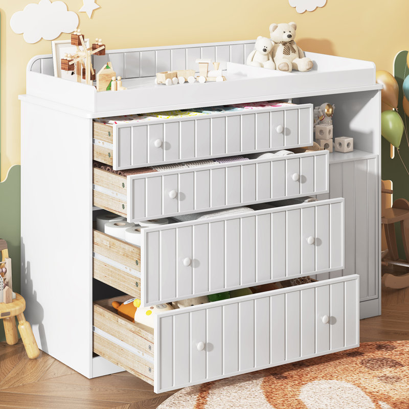 Commode à langer ergonomique 37,4 po avec 4 tiroirs, armoire de rangement et tablette ouverte, conception sécuritaire anti-basculement et commode pour chambre d'enfant