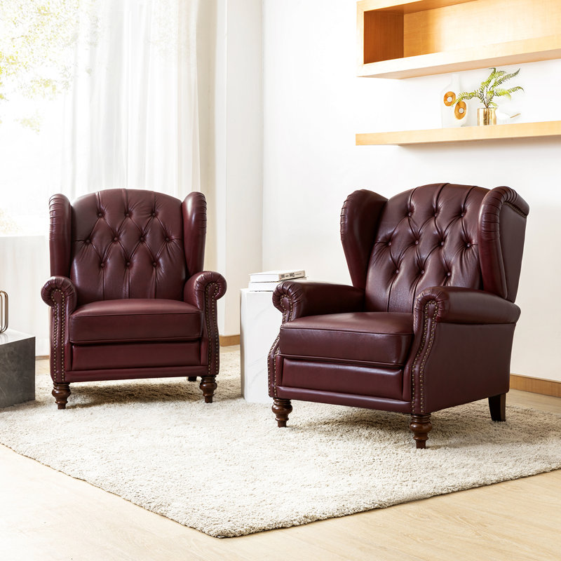 Fauteuil à oreilles en cuir véritable avec capitonnage à boutons Amyri, Bourgogne