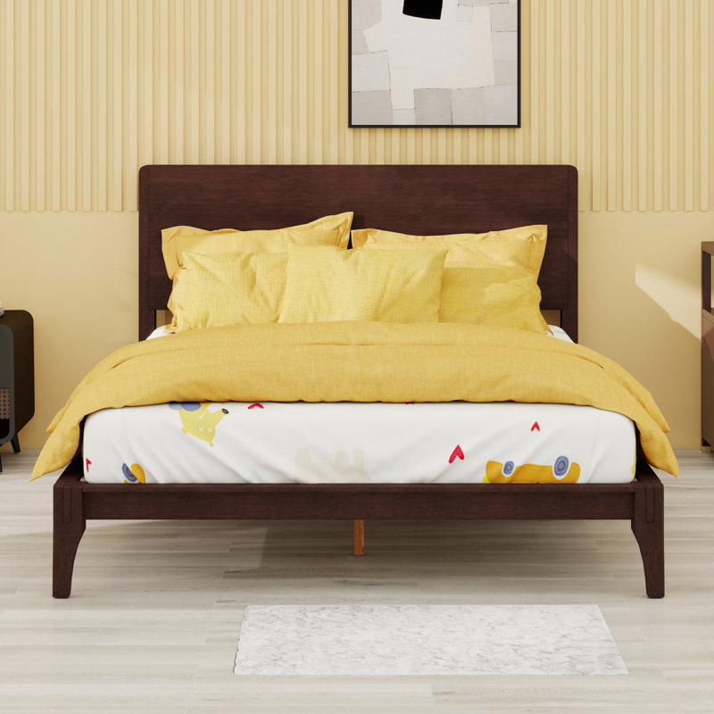 Lit plateforme en bois de bambou de style Mid-Century avec support en lattes de bois, Double, Chocolat