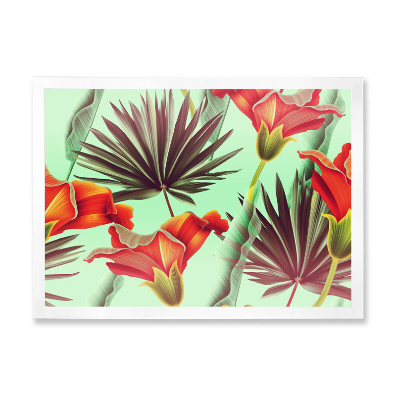 Fleurs tropicales rétro - impression sur toile, H 12 po x l 20 po x p 1 po, Cadre photo blanc