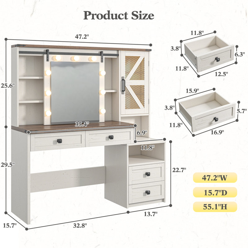 Farmhouse  Vanity Desk With Charging Station And Sliding Mirror  & Lights  Vanity Desk With Large Storage  Makeup Vanity For Bedroom
