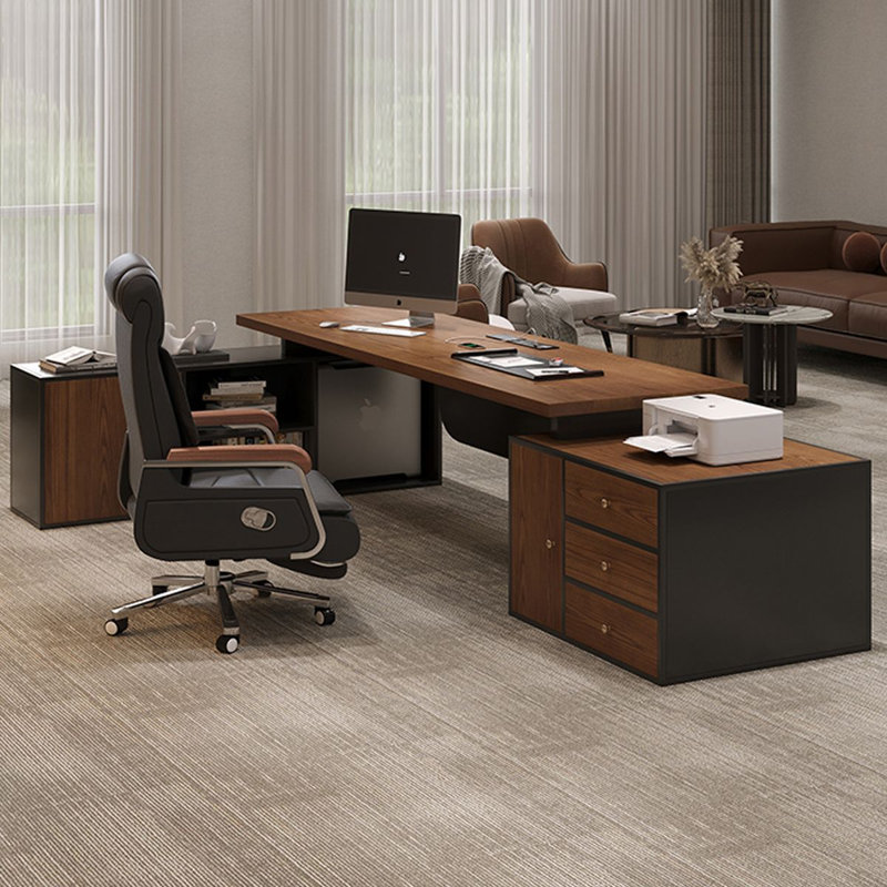 Bureau de direction brun en L en bois massif avec 3 tiroirs, H 29,53 po x l 70,87 po x P 59,06 po, Retour à gauche