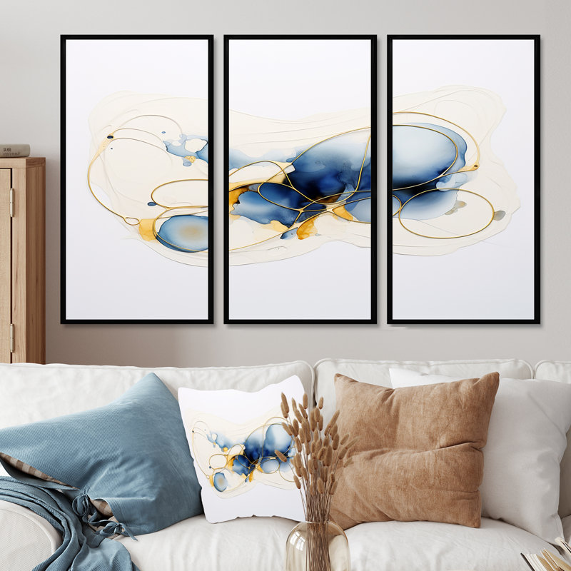 Ensemble de salon délicat or soleil sur aquarelle bleu - encre liquide abstrait, Cadre flottant noir