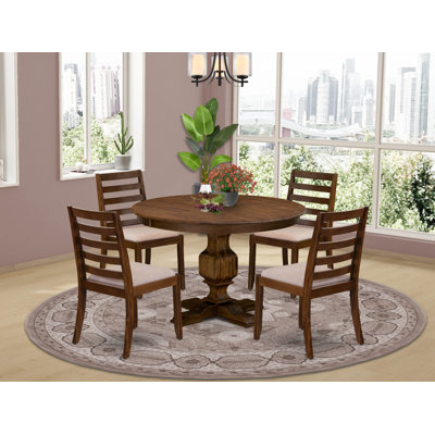Modern Dining Table set included a Round Kitchen Table and Light Tan Polyester Fabric stackable Dining Chair, Antique Walnut Finish by Red Barrel Studio