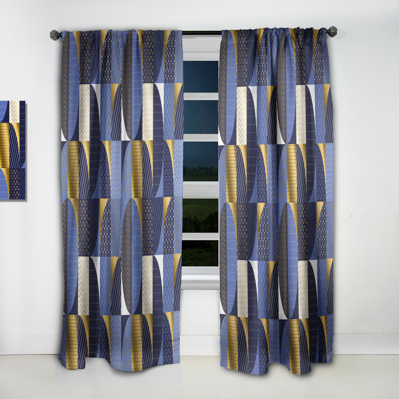 Retro Luxury Waves In Gold And Blue IV - Abstract Mid-Century Modern Blackout Curtain Single Panel, 52" W x 95" L