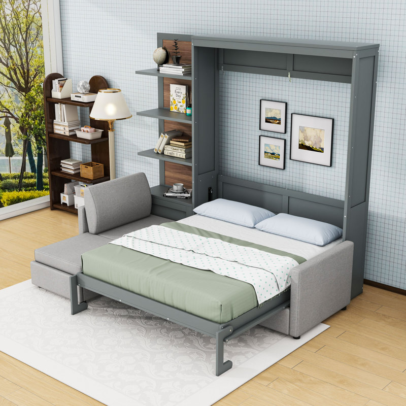 Grand lit escamotable avec canapé et tablettes, gris