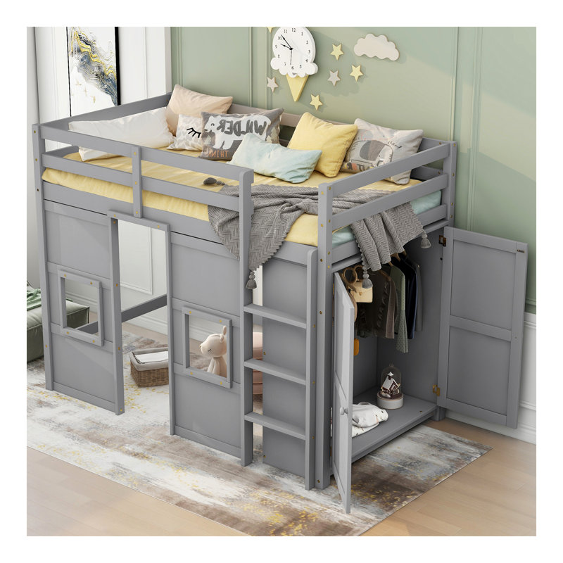 Lit mezzanine en bois avec garde-robe de rangement intégré et 2 fenêtres, gris