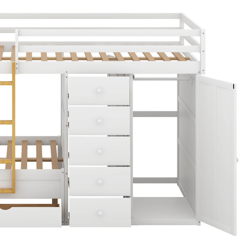 Lit superposé double avec 7 tiroirs de rangement et petite armoire, lit superposé moderne, Blanc