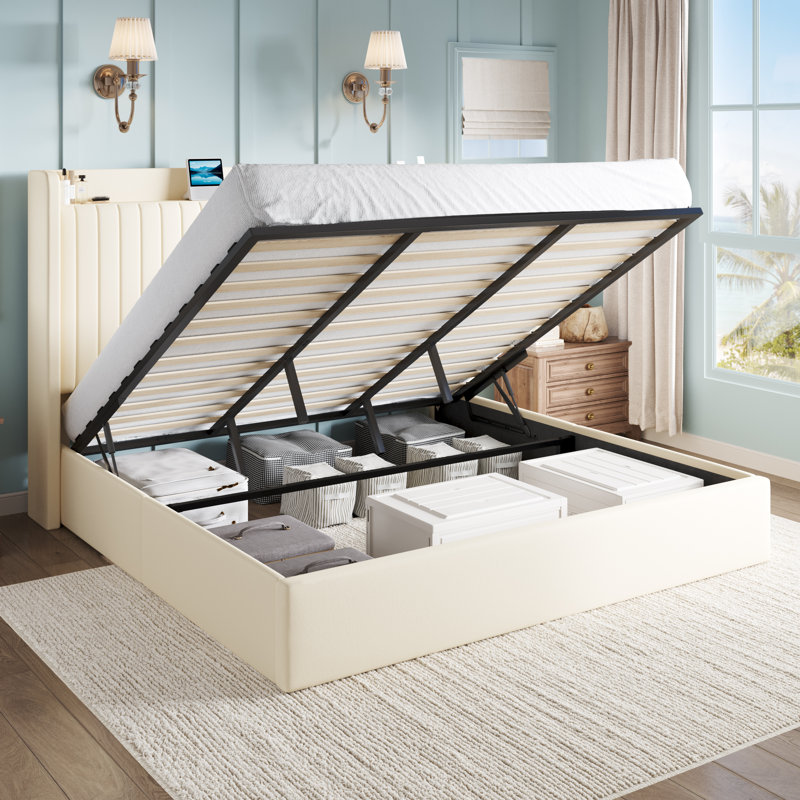 Hydraulic Lift Up Storage Upholstered Platform Bed With Shelf And Charging Station, Cream, King