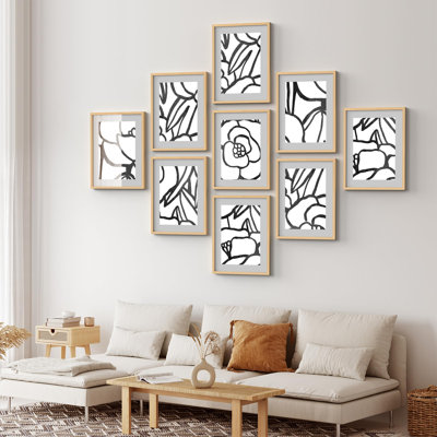 Art mural encadré, ensemble de galerie, collage, fleur, dessin au trait, botanique, art numérique, art moderne, fantaisiste, noir foncé et blanc pour chambre à coucher, salon, bureau - 11 po x 14 po x 9 po