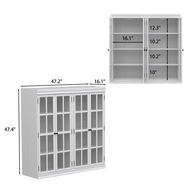 Bibliothèque blanche de 47,2 po de largeur avec portes en verre trempé et tablettes fixes - Armoire de rangement moderne
