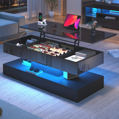 Table basse à plateau relevable ultrabrillant 47,2 pouces avec éclairage DEL et tiroir de rangement
