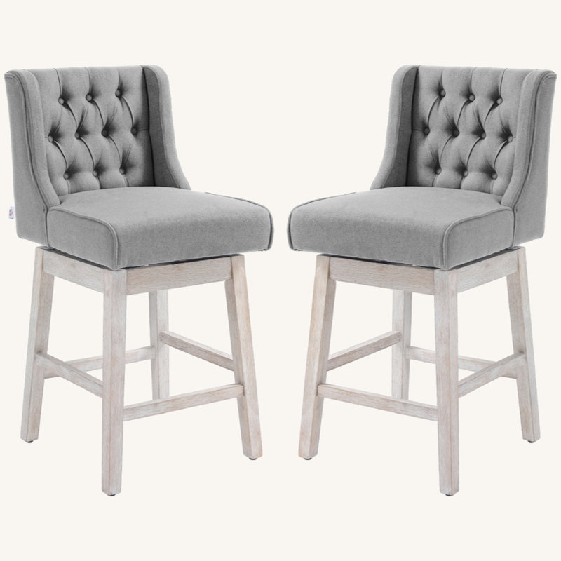 Counter Height Bar Stools Set Of 2, 180 Degree Swivel Barstools, 27" Seat Height Bar Chairs With Solid Wood Footres And Button Tufted Design, Grey