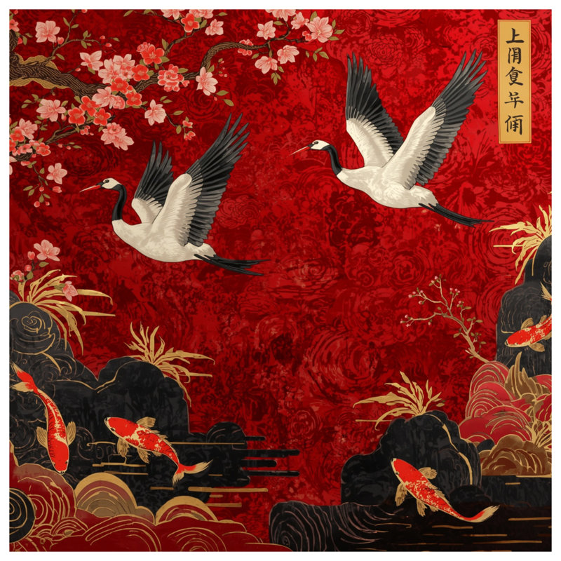 Coussins Cranes Cherry Blossoms Koi, 20 x 20 pouces