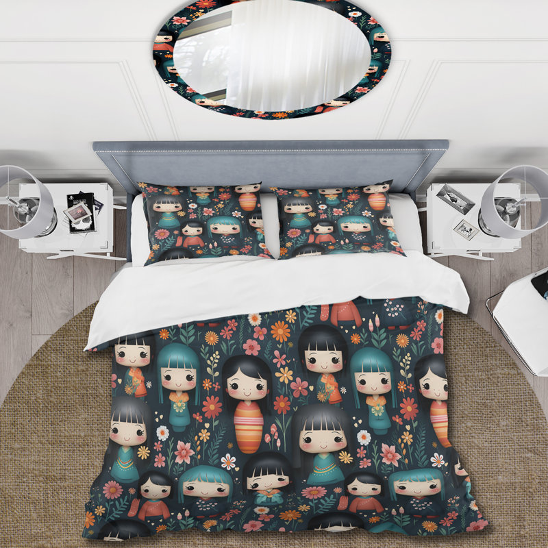 Ensemble de housse de couette Vibrant Japon Kokeshi Doll Diversity IV, Housse de couette simple + 1 taie décorative stan