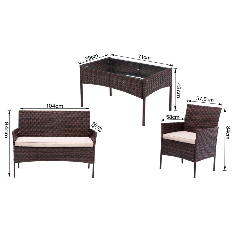 Lavedan Rattan 4 - Person Sofa Set with Cushions, Brown, Cream