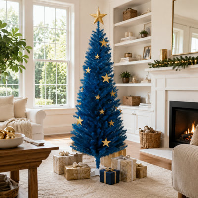 Sapin de Noël artificiel bleu crayon de 1,80 m, sapin fin non illuminé avec support en plastique robuste pour la décoration des fêtes