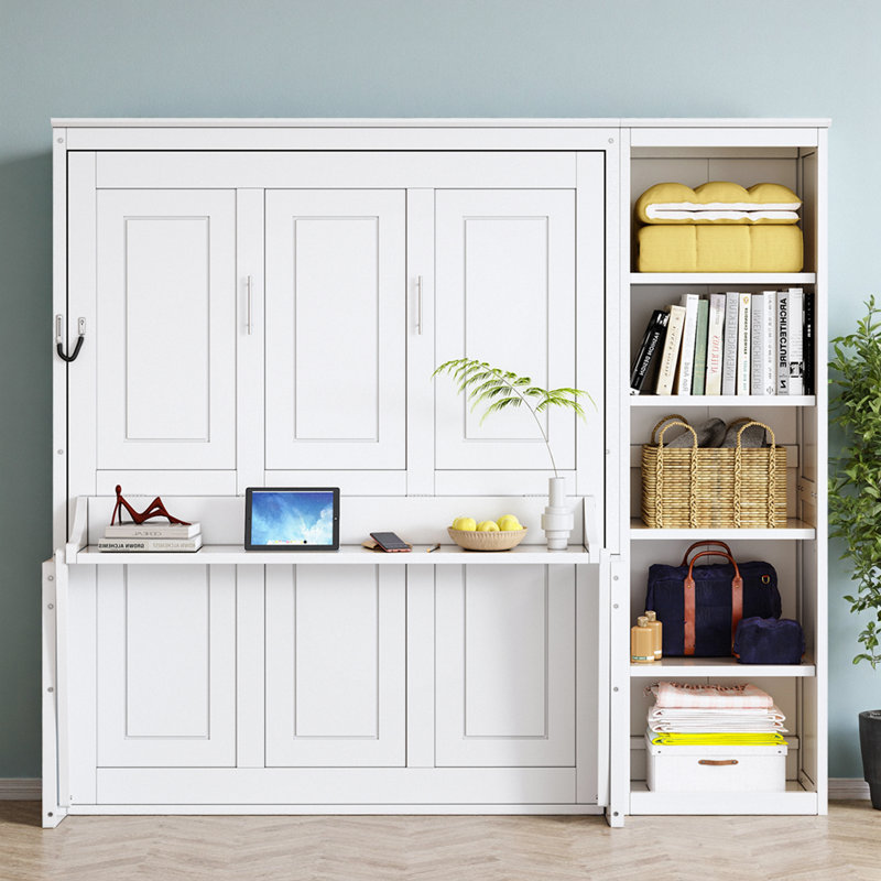 Lit escamotable double avec bureau et bibliothèque, blanc, Blanc
