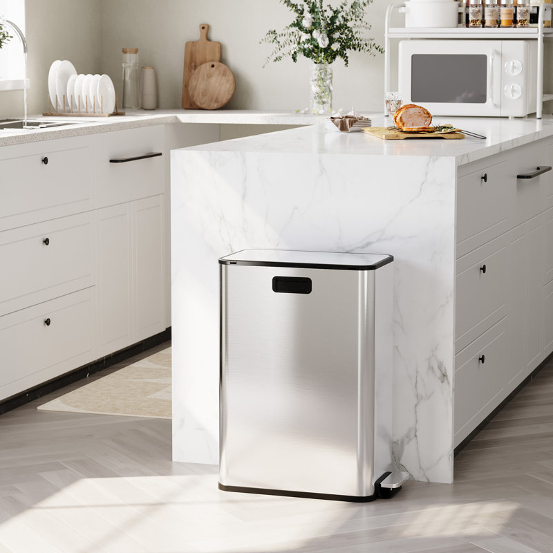 Poubelle à deux compartiments, couvercle papillon en acier inoxydable, seaux amovibles 2 x 7,4 gallons