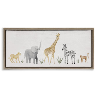 Adorable Jungle Animals Wildlife Brown Grain Framed Floater Canvas Wall Art by Daphne Polselli
