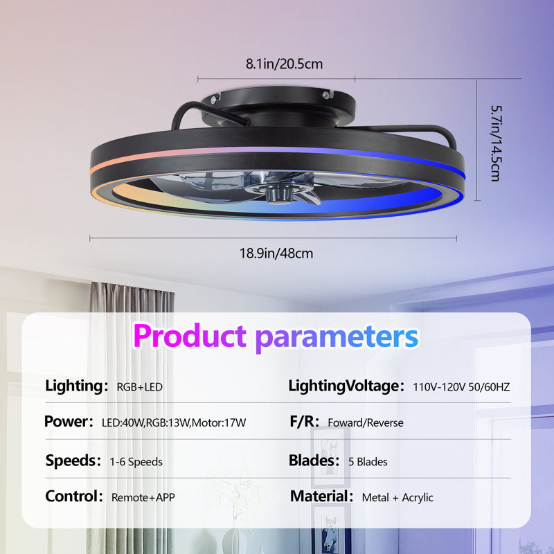 Ventilateur de plafond 18,9 po RVB avec lumières, ventilateurs de plafond à profil bas avec lumières et télécommande