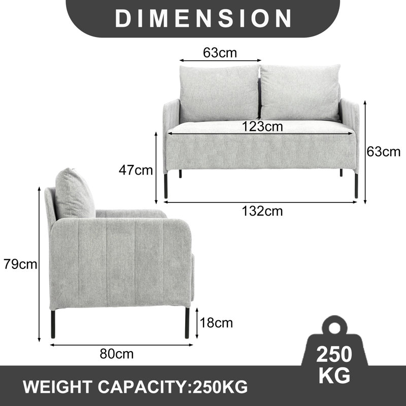 132cm Modern Chenille Upholstered Loveseat Sofa, Light Grey
