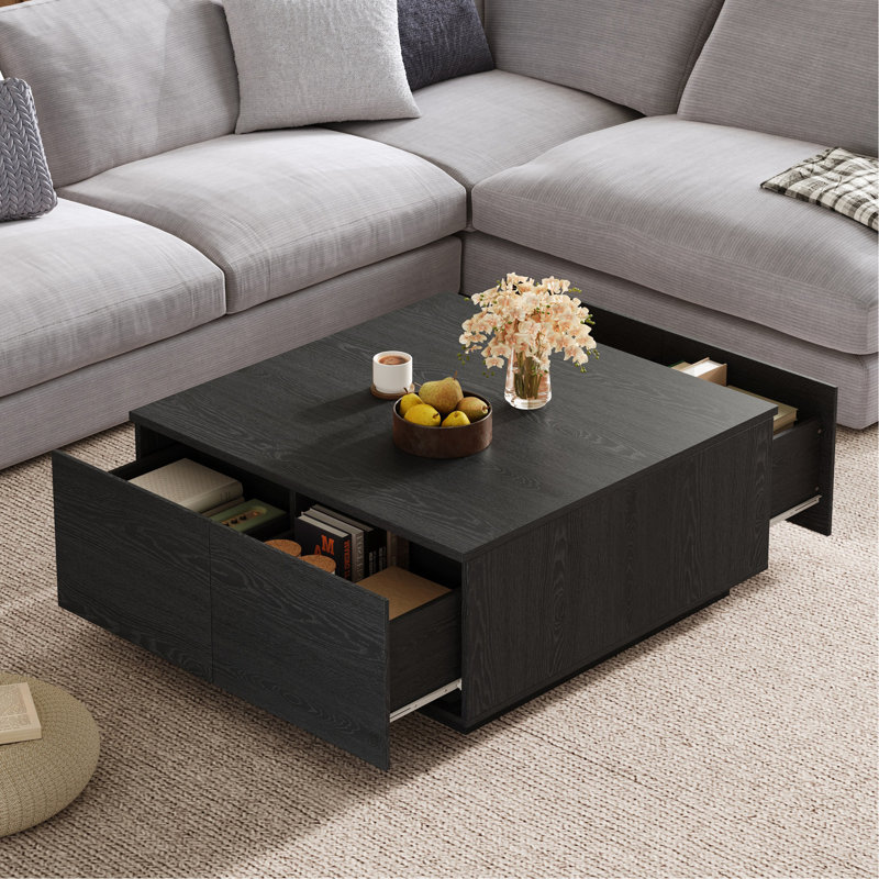 Table basse carrée 33,25 po à 4 tiroirs, Noir