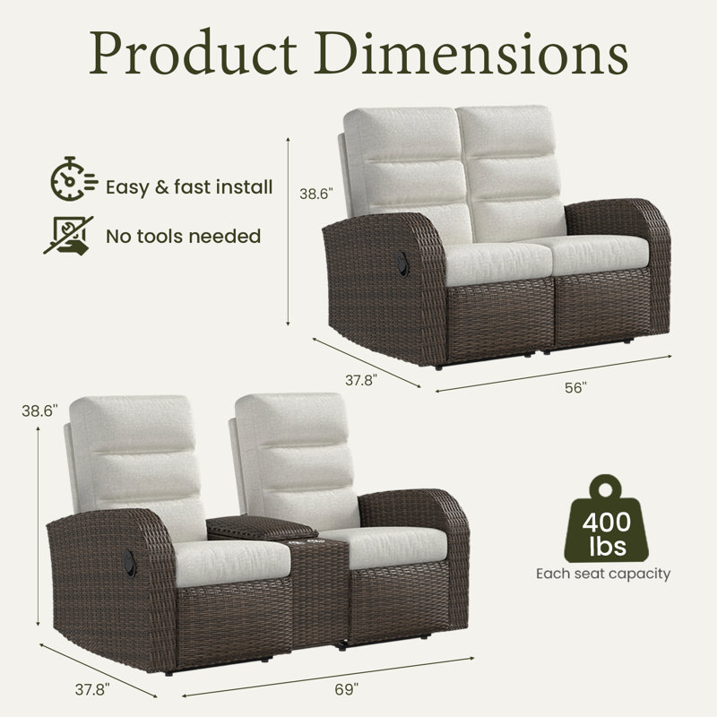 Oversized Wicker Outdoor Reclining Loveseat Sofa Set, 2-seater Recliner Couch With Storage & Cup Holder, Beige, Brown