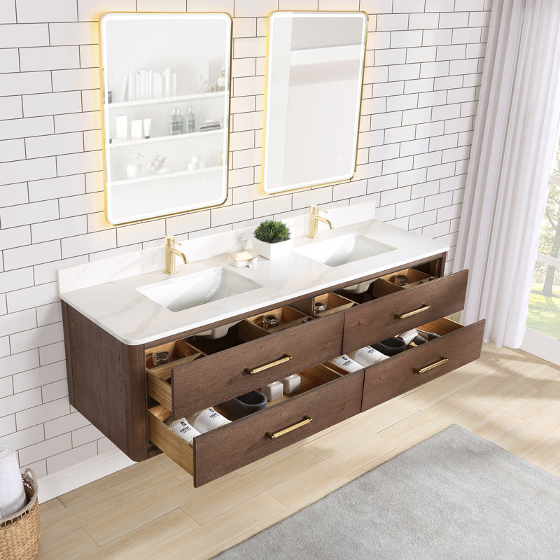 Meuble-lavabo double 72 po avec plateau Cristo, Chêne brun foncé