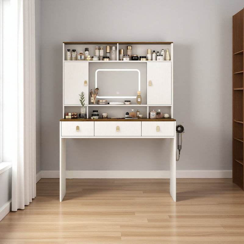 Farmhouse Dressing Table Makeup Table, 43" Wide Dressing Table With Lighted Mirror And Makeup Drawer, Large Modern Dressing Table Set With Hair Dryer Holder For Bedroom