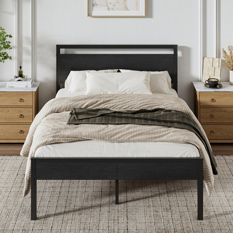 Industrial Metal Platform Bed Frame with Headboard and Iron Slat Support, Black, F