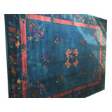 Wool Hand Knotted Pile Antique Blue 1920s Floral Medallion Rectangle Rug