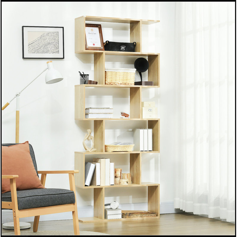 HOMCOM 75.5"H Bookcase 6 Shelf S-Shaped Bookshelf Wooden Storage Display Stand Shelf Organizer Free Standing Oak