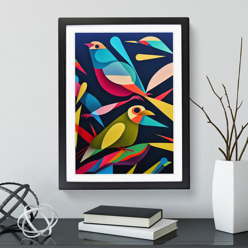 Pair Of Birds No.4 Abstract - Print, 66cm H x 48cm W, White, Black Framed